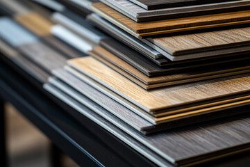 A collection of various wooden laminate flooring samples showcasing different textures and finishes, ideal for interior design or renovation projects.

