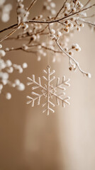 Naklejka premium Snowflake Ornament on Snow-Dusted Branch with Soft Background