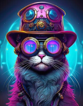Cyberpunk cat with huge glasses and futuristic steampunk hat in sci-fi dystopia style, high contrast, hyper realistic, fantasy, bright colors, neon, purple, pink, blue