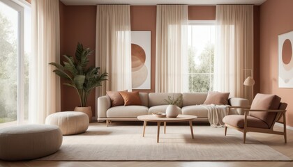 Modern Minimalist Living Room with Earthy Tones and Natural Elements