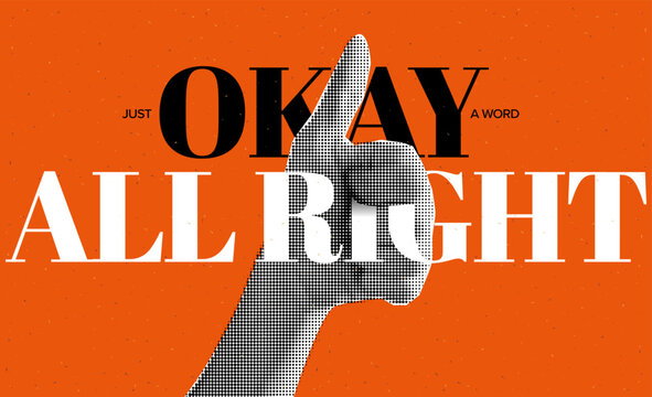 Trendy pop art collage featuring halftone and dada elements with a hand gesture signifying OK