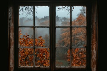 A Window View of Foggy Woods with Autumn Leaves