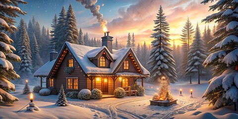 A Cozy Cabin Nestled in a Winter Wonderland, Its Windows Glowing with Warmth as the Snow-Covered Forest Shimmers in the Golden Light of Sunset