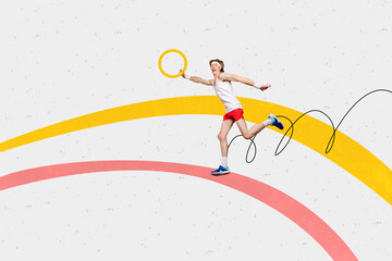 Creative picture collage young athlete sportsman run olympic competition challenge golden ring...