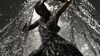 Stylized woman entangled in metallic chains, expressing strength and tension