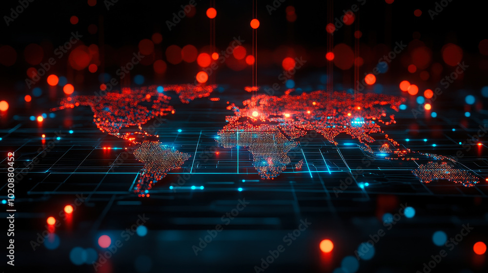 Poster digital world map with network connections and glowing nodes representing global data communication 