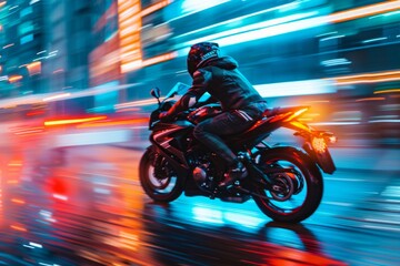 Motorcyclist in Motion with Blurred City Lights and Skyscrapers, Red Tail Light Illuminating the Scene, Energetic Nighttime Ride
