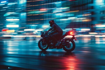 Fototapeta premium Motorcyclist in Motion with Blurred City Lights and Skyscrapers, Red Tail Light Illuminating the Scene, Energetic Nighttime Ride