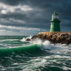 Obraz premium Green Lighthouse Tower Maritime Coast Coastline near the Ocean