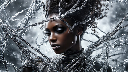 Stylized woman entangled in metallic chains, expressing strength and tension