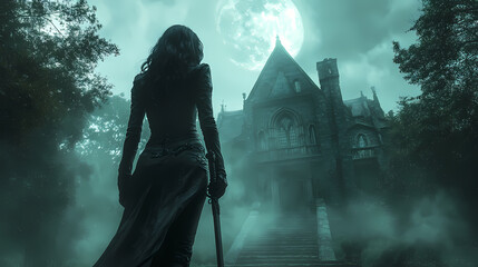 An elegant vampire hunter girl stands at the entrance of a huge Gothic estate lit by a bright full moon in a leather suit and magic saber