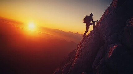 Fototapeta premium Silhouette of a Climber on a Mountain Peak at Sunrise