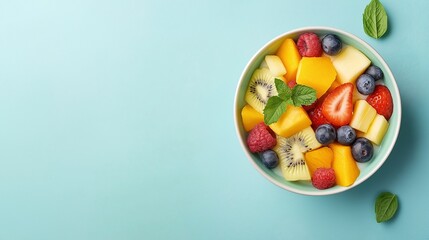 Fresh Colorful Fruit Bowl with Mint Leaves