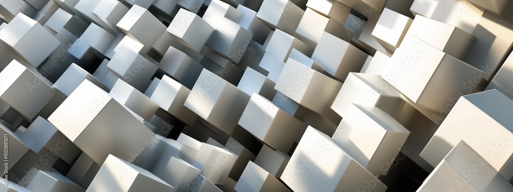 Poster abstract arrangement of white cubes creating a three-dimensional pattern with depth and dimension un