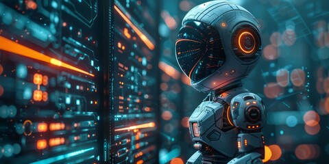 Futuristic robot analyzing data on a digital interface with glowing circuits and advanced technology design