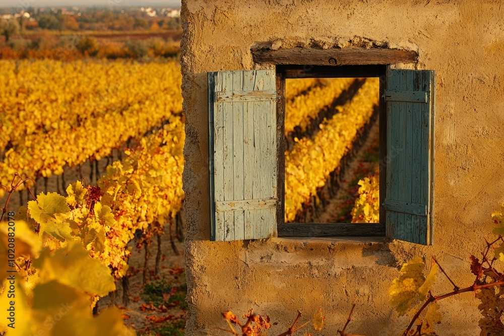 Poster a window with a view of a vineyard in autumn
