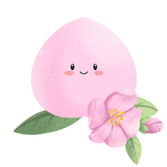 Cute cartoon peach is smiling with peach blossoms