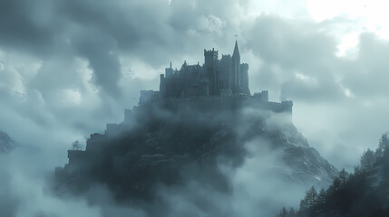 Naklejka premium a castle with a fantasy view, cloudy and foggy
