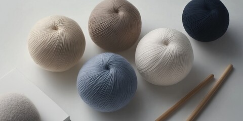 Fototapeta premium Cinematic Photograph of Knitting Yarns and Crochet Needles on a White Linen Background, in a Flat Lay Top View