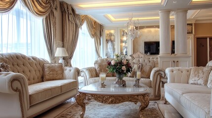 A beautifully decorated living room with luxurious sofas, elegant lighting, and stylish decor, creating a sophisticated home setting