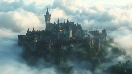 a castle with a fantasy view, cloudy and foggy