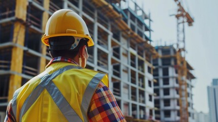 Construction worker in a safety uniform, wearing a hard hat at a construction site