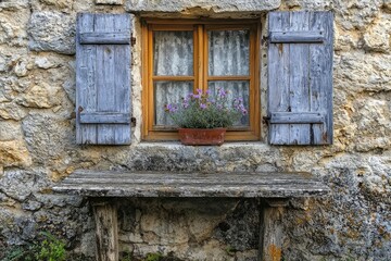 Rustic Window with Wooden Shutters and Potted Flowers on a Stone Wall