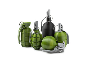 Hand grenade isolated on white background. Close-up. Weapon of war. Fragmentation grenade detail. Military training concept. Explosive weapon.