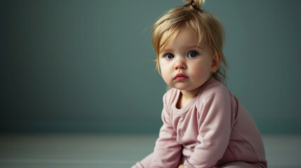 Adorable blonde toddler in pink poses casually with an innocent expression