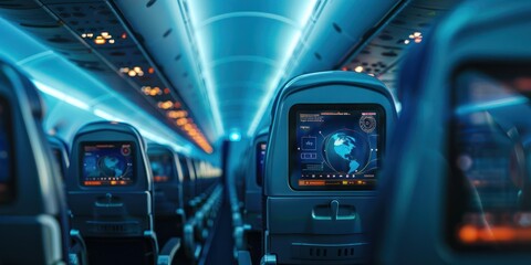 Digital interface showing airplane passenger safety instructions and inflight entertainment