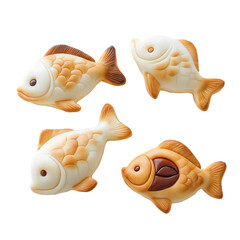 Fototapeta premium Cute, decorative fish-shaped pastries in various colors and designs, set against a black background.