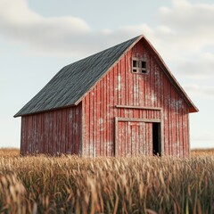 Obraz premium An isolated 3D model of a traditional barn, complete with wooden textures and red paint, standing in a field of tall grass