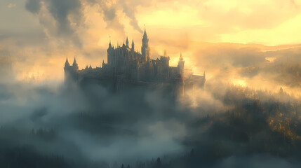 Naklejka premium a castle with a fantasy view, cloudy and foggy