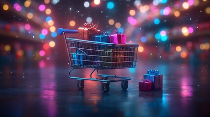 Futuristic Digital 3D Shopping Cart Surrounded by Floating Colorful Gift Boxes and Neon Lights