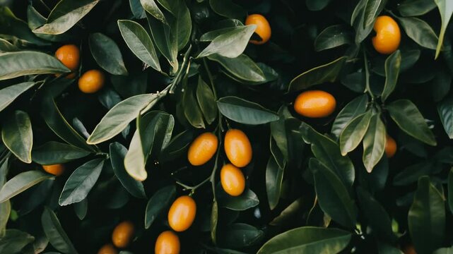 A bunch of ripe kumquats hanging from a tree with flowing leaves. Plump and juicy little orange Mediterranean fruits against a lush greenery. Natural background/ pattern with empty space for text.
