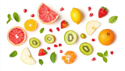 Floating fresh fruit assortment on white background for healthy living