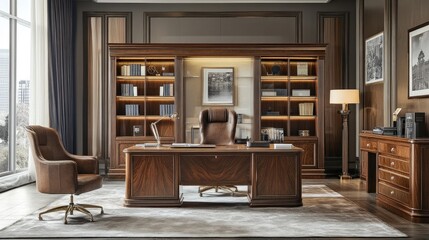 A refined home office with elegant wooden furniture, luxurious decor, and soft lighting, creating a sophisticated workspace