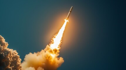 A rocket launching into space, leaving a trail of smoke behind