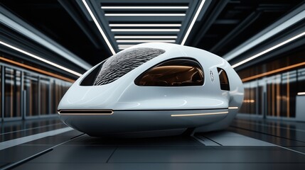 Fototapeta premium Futuristic autonomous pod vehicle in sleek modern tunnel with ambient lighting and reflective surfaces
