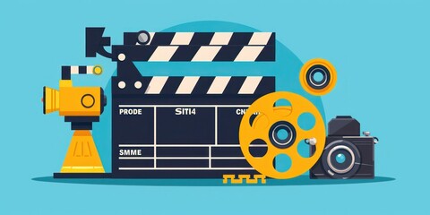Flat design icon of a film clapperboard and camera representing movie production
