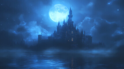 A mighty castle in the moonlight.