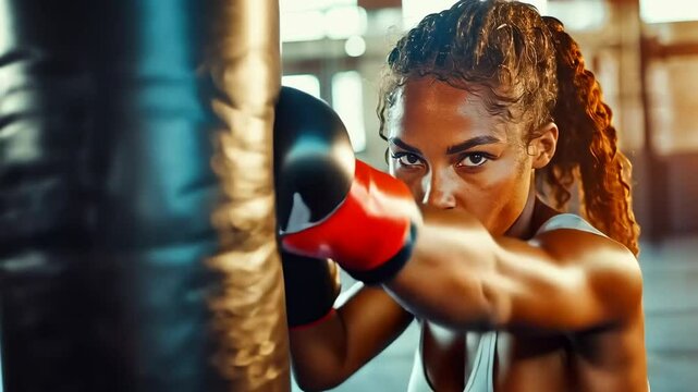 Young African American female boxer focusing intensely while training with a punching bag. Wearing sporty attire, she embodies determination and strength in a brightly lit gym.