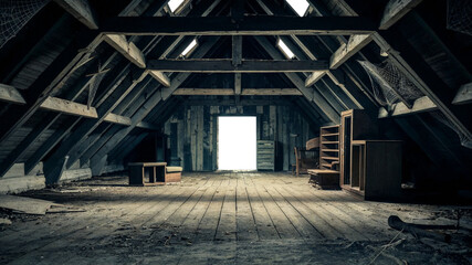 Abandoned Ghostly Wooden Attic Interior: A Hauntingly Beautiful Exploration of a Dilapidated Shack. This Worn Cabin Image Comes with a Transparent Background for Versatile Applications