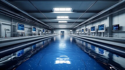 Naklejka premium Futuristic Water Treatment Plant with Holographic Control Panels and Advanced Monitoring Systems