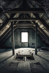 Eerie Abandoned Attic: Ghostly Wooden Shack Interior Filled with Mystery. This Worn and Dilapidated Cabin Image Offers a Transparent Background for Easy Use in Creative Projects