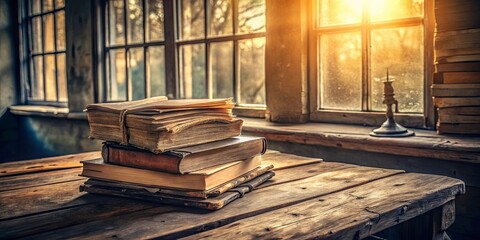 Obraz premium A Stack of Worn Books Resting on a Rustic Wooden Table Beside a Window Bathed in Warm Sunlight