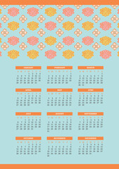 Illustrated 2025 calendar. Week starts on Sunday. Indian pattern motif, classic block print style. Vector design template, ready to print. Yearly calendar.