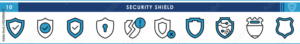 Poster a set of line icons related to security shield. various shields and badges vector editable stroke.