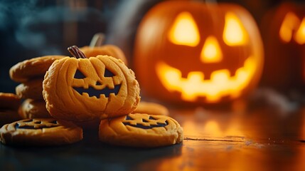Glowing Jack-o-Lantern Pumpkin Cookies in Seasonal Halloween Atmosphere