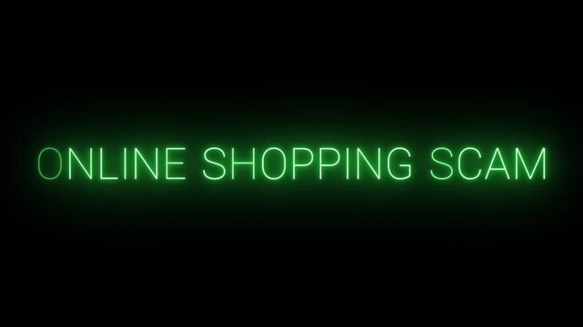 Flickering neon green glowing online shopping scam sign animated black background